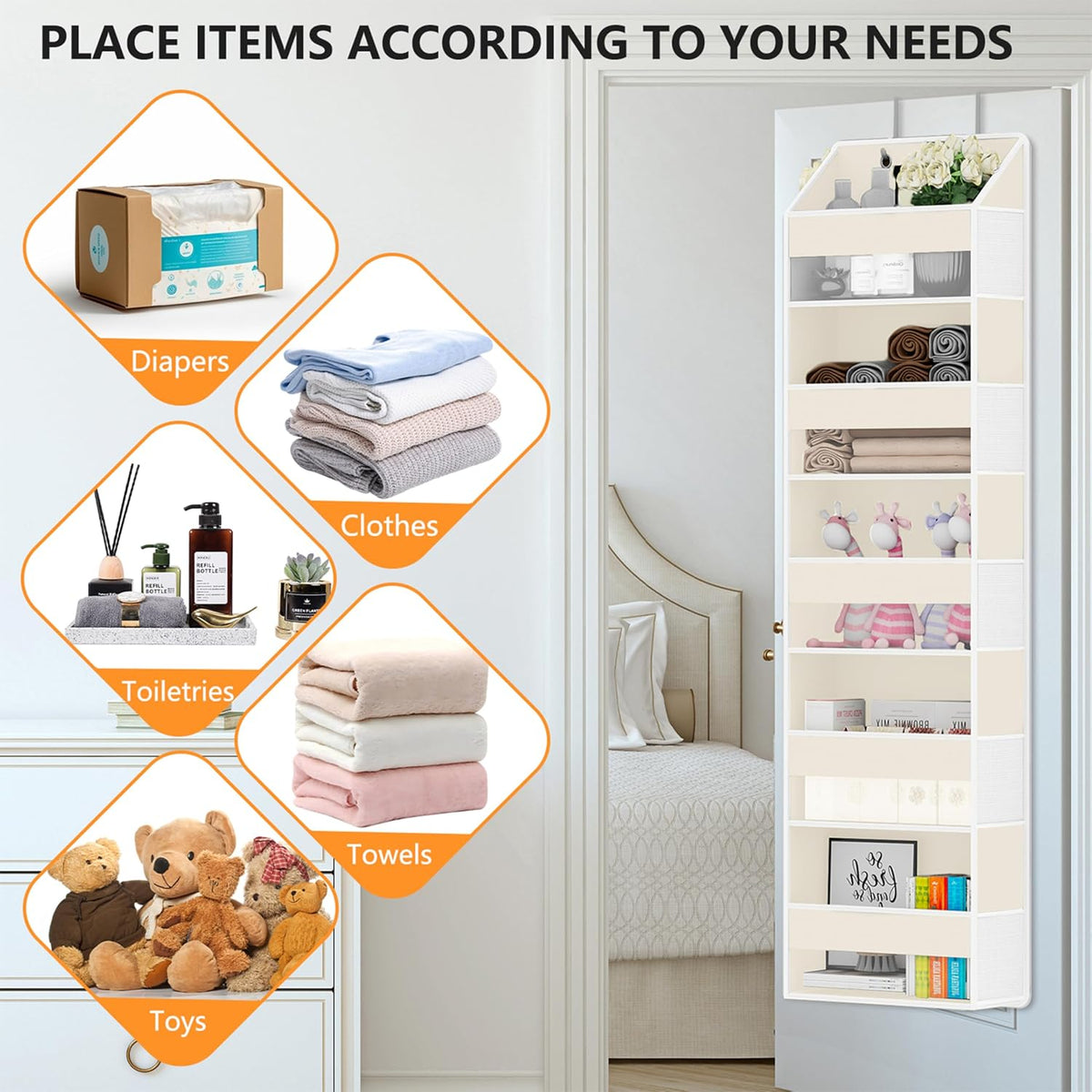Over The Door Organizer - Over Door Storage Organizer with 5 Large Pockets & 10 Mesh Side Compartments - Heavy-Duty Hanging Storage for Bathroom, Bedroom & Closet - Baby Room Organize - Grey