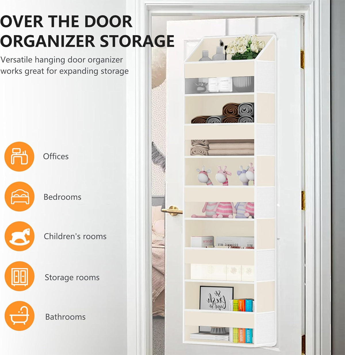 Over The Door Organizer - Over Door Storage Organizer with 5 Large Pockets & 10 Mesh Side Compartments - Heavy-Duty Hanging Storage for Bathroom, Bedroom & Closet - Baby Room Organize - Grey