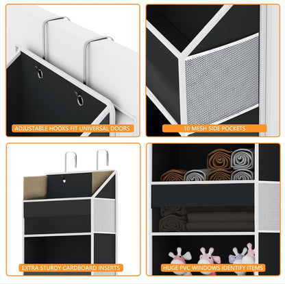 Over The Door Organizer - Over Door Storage Organizer with 5 Large Pockets & 10 Mesh Side Compartments - Heavy-Duty Hanging Storage for Bathroom, Bedroom & Closet - Baby Room Organize - Grey