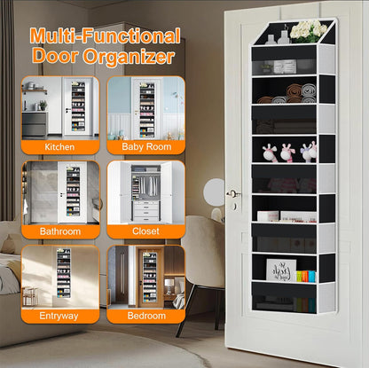 Over The Door Organizer - Over Door Storage Organizer with 5 Large Pockets & 10 Mesh Side Compartments - Heavy-Duty Hanging Storage for Bathroom, Bedroom & Closet - Baby Room Organize - Grey