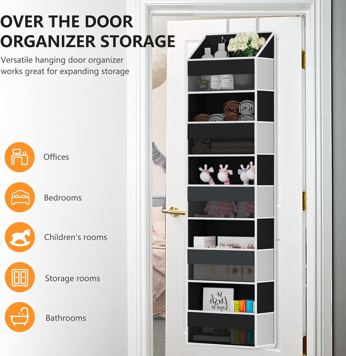 Over The Door Organizer - Over Door Storage Organizer with 5 Large Pockets & 10 Mesh Side Compartments - Heavy-Duty Hanging Storage for Bathroom, Bedroom & Closet - Baby Room Organize - Grey