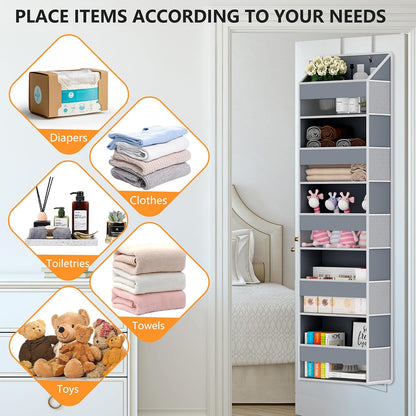 Over The Door Organizer - Over Door Storage Organizer with 5 Large Pockets & 10 Mesh Side Compartments - Heavy-Duty Hanging Storage for Bathroom, Bedroom & Closet - Baby Room Organize - Grey