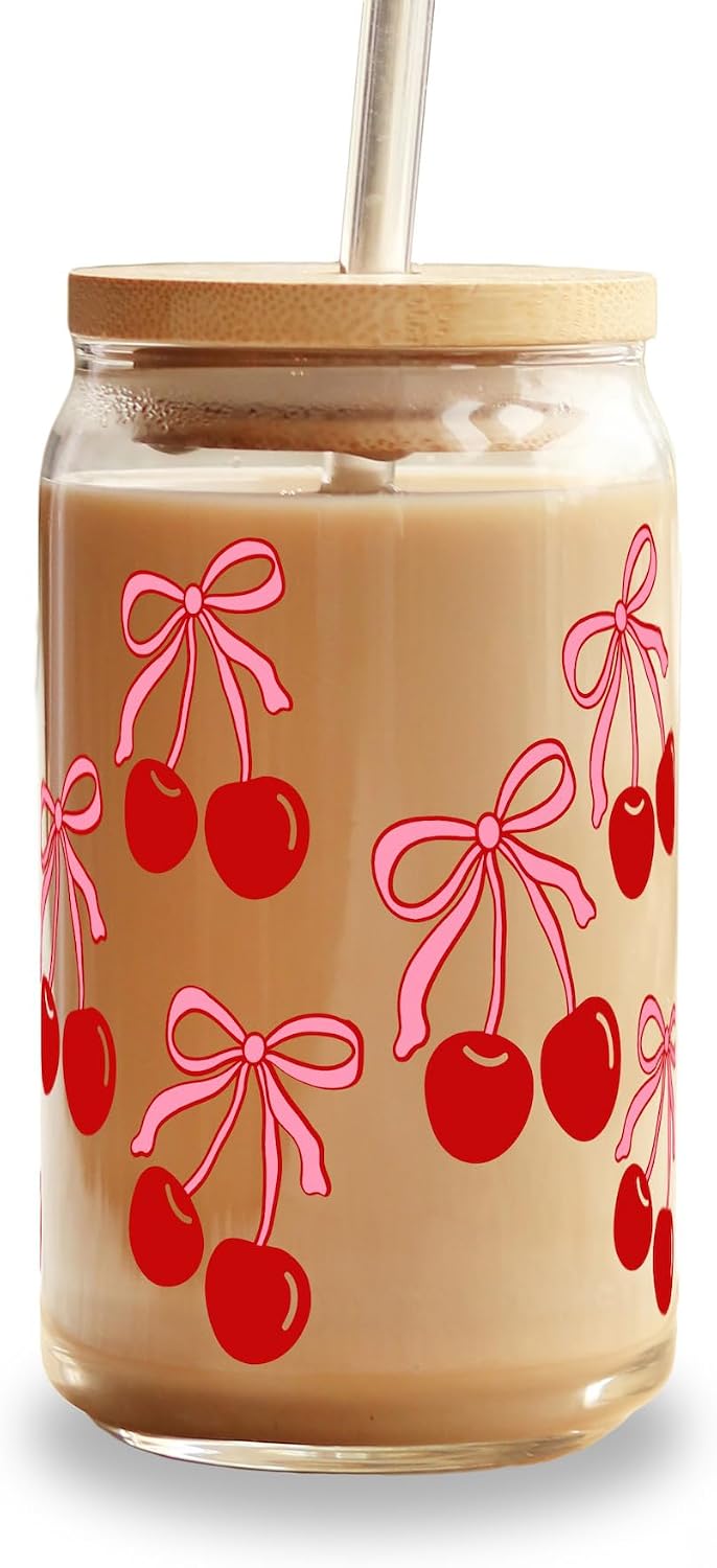 ! Coquette Bow Cherry 16oz Glass Can Cup with Lid and Straw, Pink Aesthetic Iced Coffee Cup, Cute for Her