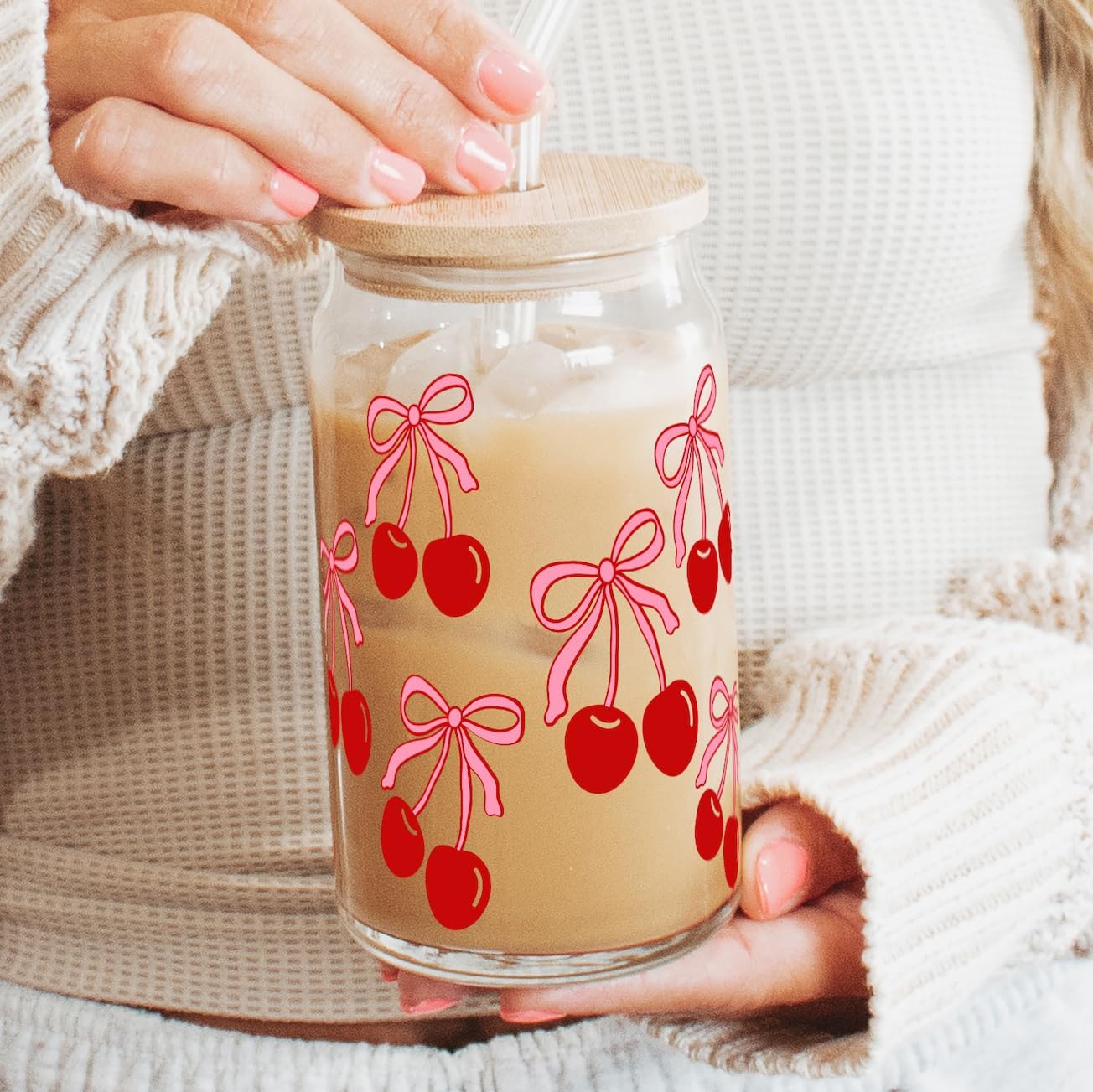 ! Coquette Bow Cherry 16oz Glass Can Cup with Lid and Straw, Pink Aesthetic Iced Coffee Cup, Cute for Her