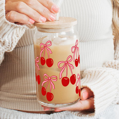 ! Coquette Bow Cherry 16oz Glass Can Cup with Lid and Straw, Pink Aesthetic Iced Coffee Cup, Cute for Her