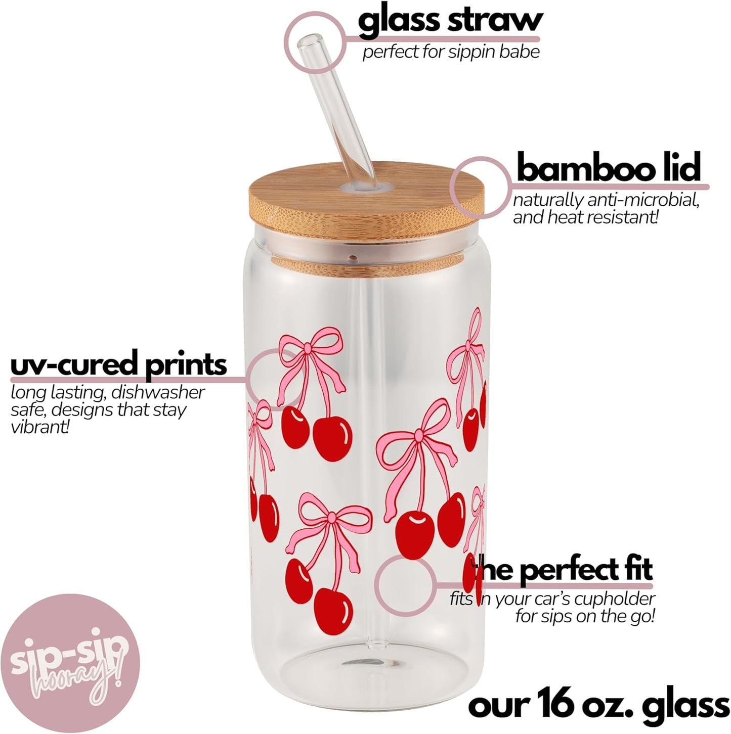! Coquette Bow Cherry 16oz Glass Can Cup with Lid and Straw, Pink Aesthetic Iced Coffee Cup, Cute for Her