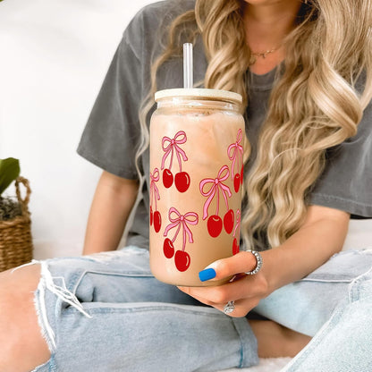 ! Coquette Bow Cherry 16oz Glass Can Cup with Lid and Straw, Pink Aesthetic Iced Coffee Cup, Cute for Her