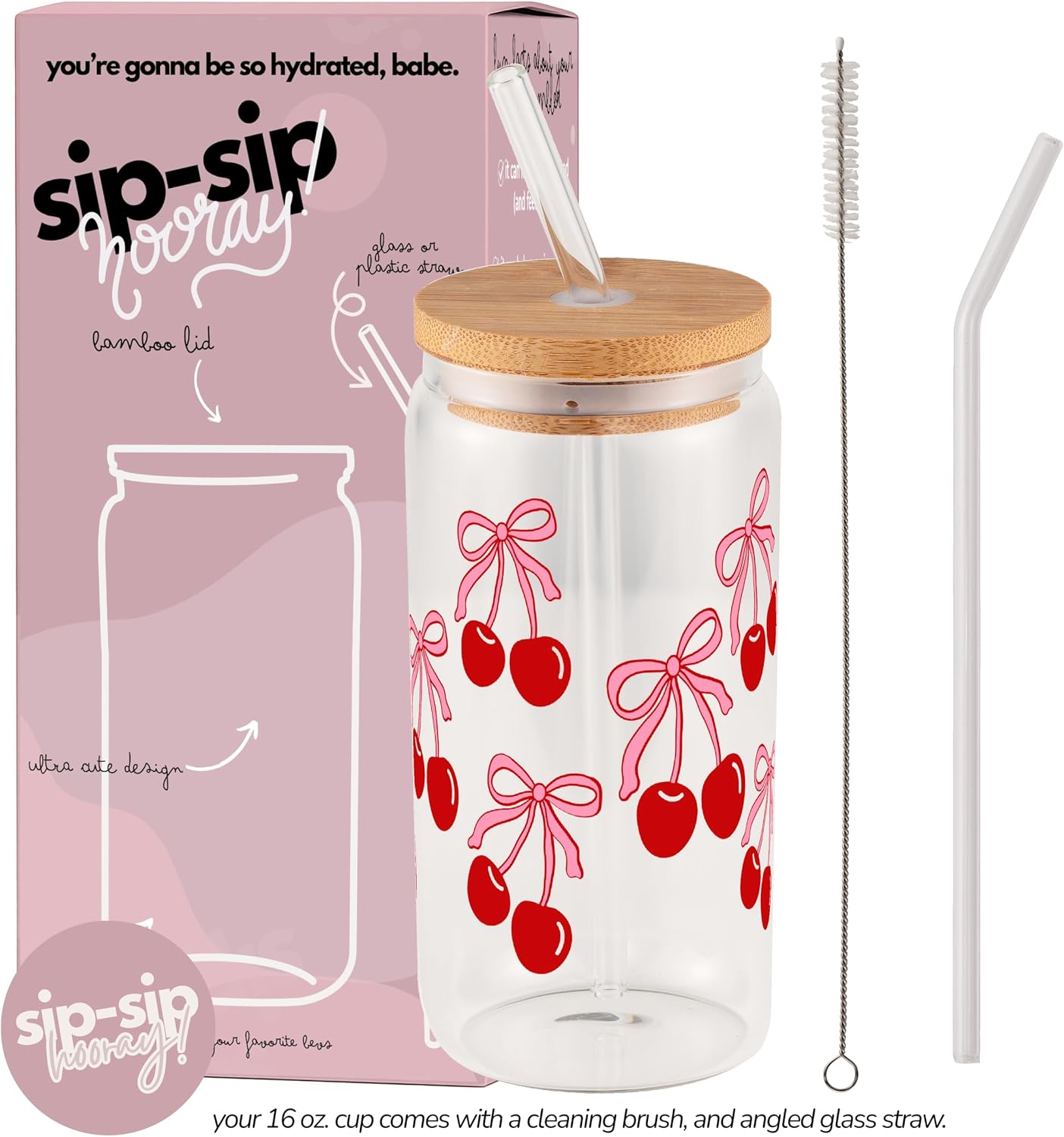 ! Coquette Bow Cherry 16oz Glass Can Cup with Lid and Straw, Pink Aesthetic Iced Coffee Cup, Cute for Her