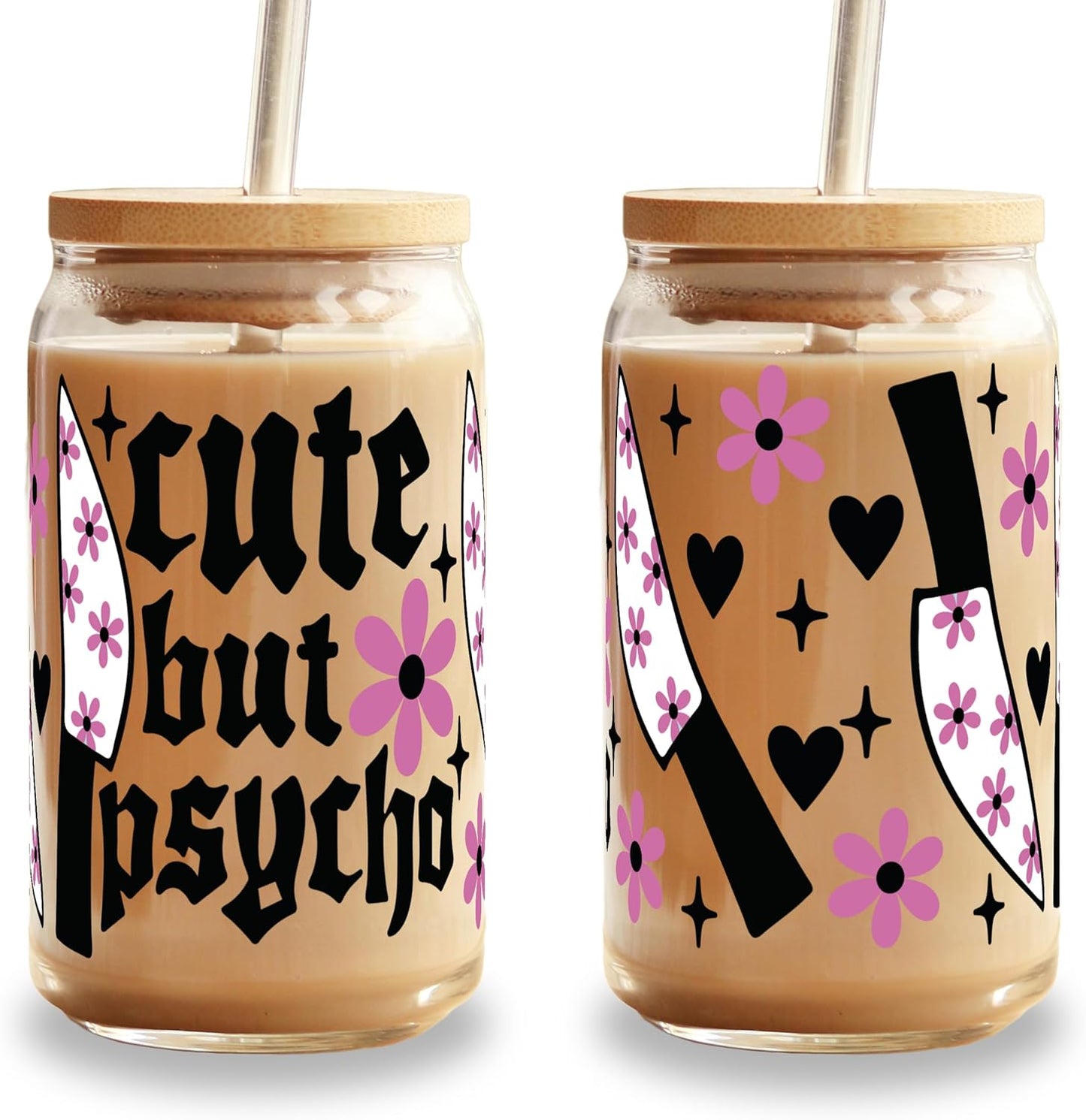 ! Coquette Bow Cherry 16oz Glass Can Cup with Lid and Straw, Pink Aesthetic Iced Coffee Cup, Cute for Her