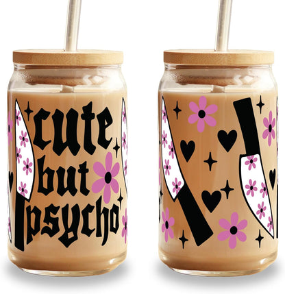 ! Coquette Bow Cherry 16oz Glass Can Cup with Lid and Straw, Pink Aesthetic Iced Coffee Cup, Cute for Her