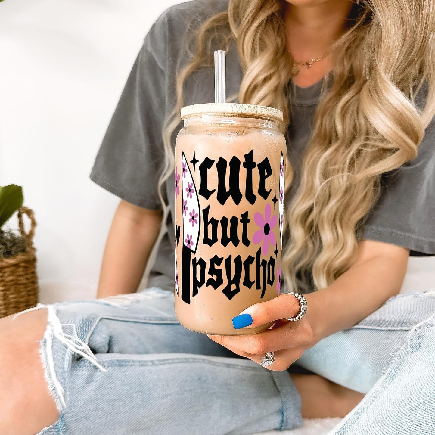 ! Coquette Bow Cherry 16oz Glass Can Cup with Lid and Straw, Pink Aesthetic Iced Coffee Cup, Cute for Her