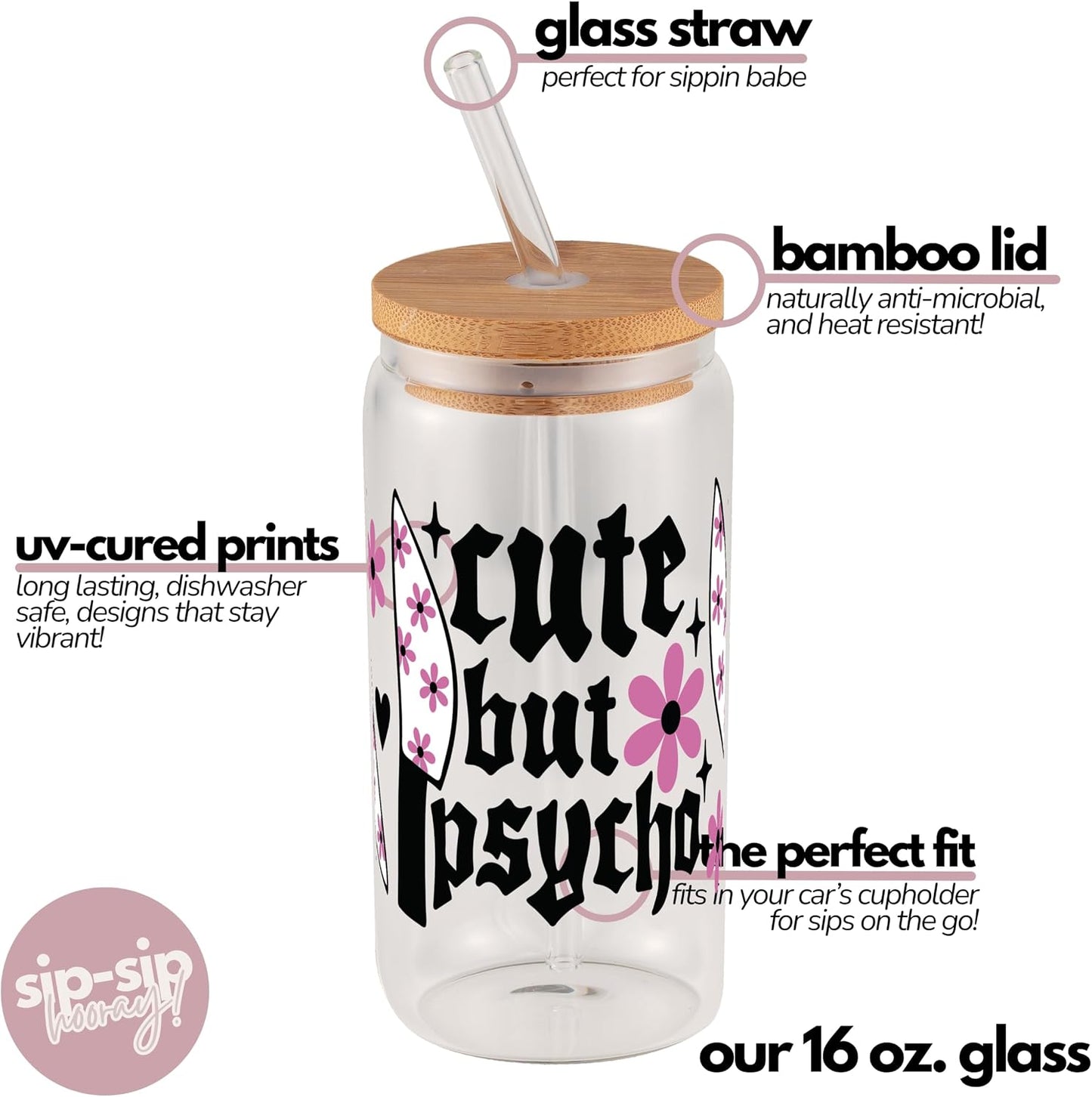 ! Coquette Bow Cherry 16oz Glass Can Cup with Lid and Straw, Pink Aesthetic Iced Coffee Cup, Cute for Her