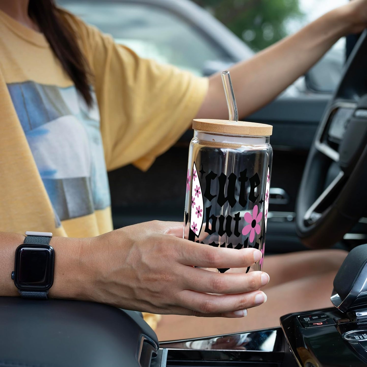 ! Coquette Bow Cherry 16oz Glass Can Cup with Lid and Straw, Pink Aesthetic Iced Coffee Cup, Cute for Her