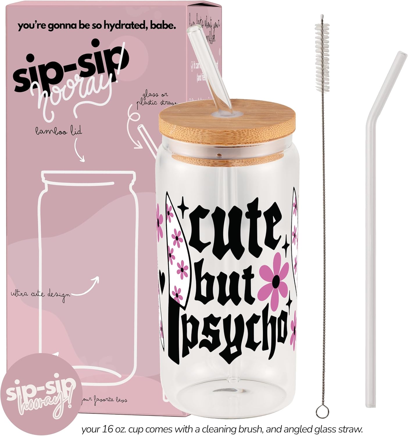 ! Coquette Bow Cherry 16oz Glass Can Cup with Lid and Straw, Pink Aesthetic Iced Coffee Cup, Cute for Her