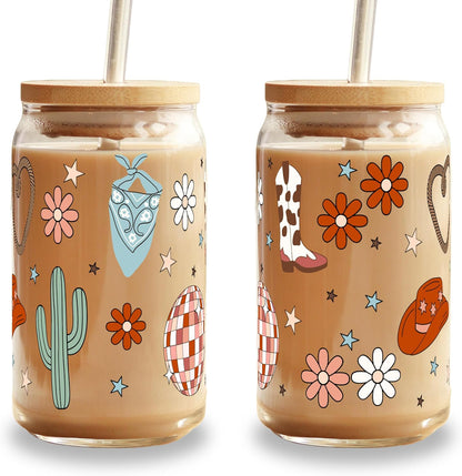 ! Coquette Bow Cherry 16oz Glass Can Cup with Lid and Straw, Pink Aesthetic Iced Coffee Cup, Cute for Her