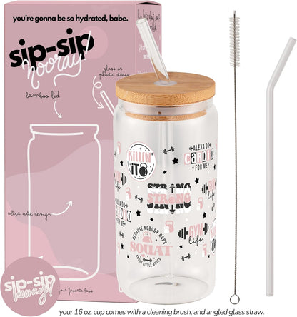 ! Coquette Bow Cherry 16oz Glass Can Cup with Lid and Straw, Pink Aesthetic Iced Coffee Cup, Cute for Her