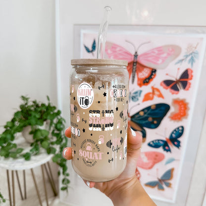! Coquette Bow Cherry 16oz Glass Can Cup with Lid and Straw, Pink Aesthetic Iced Coffee Cup, Cute for Her