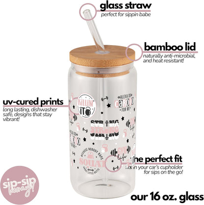 ! Coquette Bow Cherry 16oz Glass Can Cup with Lid and Straw, Pink Aesthetic Iced Coffee Cup, Cute for Her