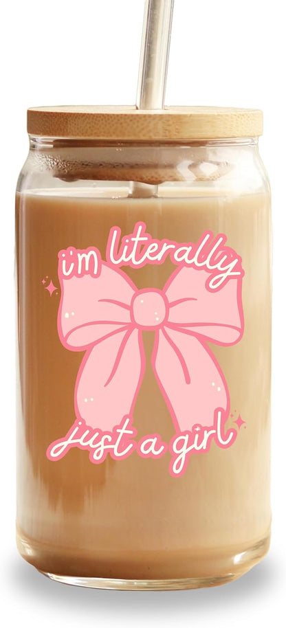 ! Coquette Bow Cherry 16oz Glass Can Cup with Lid and Straw, Pink Aesthetic Iced Coffee Cup, Cute for Her