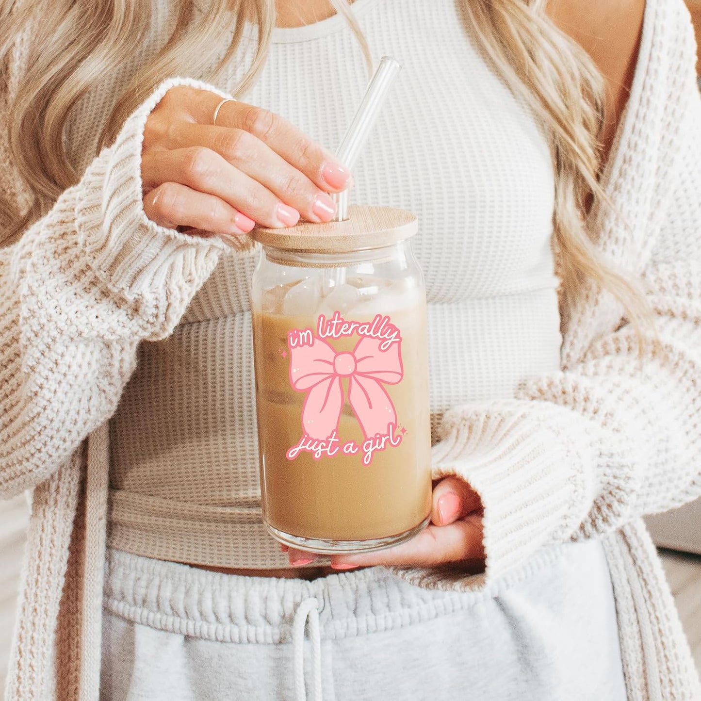 ! Coquette Bow Cherry 16oz Glass Can Cup with Lid and Straw, Pink Aesthetic Iced Coffee Cup, Cute for Her