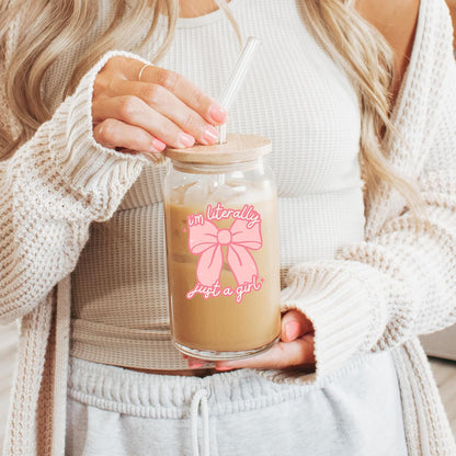 ! Coquette Bow Cherry 16oz Glass Can Cup with Lid and Straw, Pink Aesthetic Iced Coffee Cup, Cute for Her