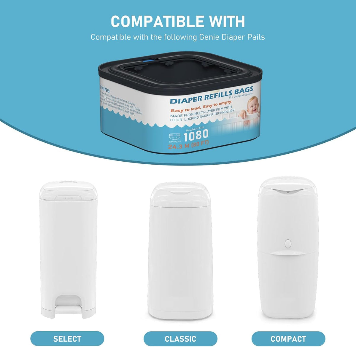 Jumbo+ Square Refills Disposal Bags Refill (Baby Powder Scent) Compatible with Diaper Genie Classic, Compact, Premier and Select Pails, Hold Up to 1080 Newborn-Sized Diapers Per Refill