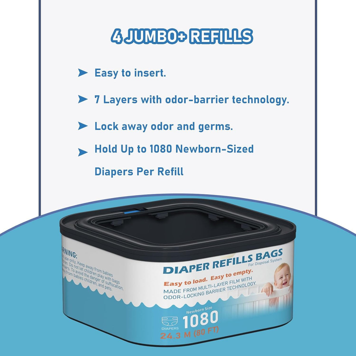 Jumbo+ Square Refills Disposal Bags Refill (Baby Powder Scent) Compatible with Diaper Genie Classic, Compact, Premier and Select Pails, Hold Up to 1080 Newborn-Sized Diapers Per Refill