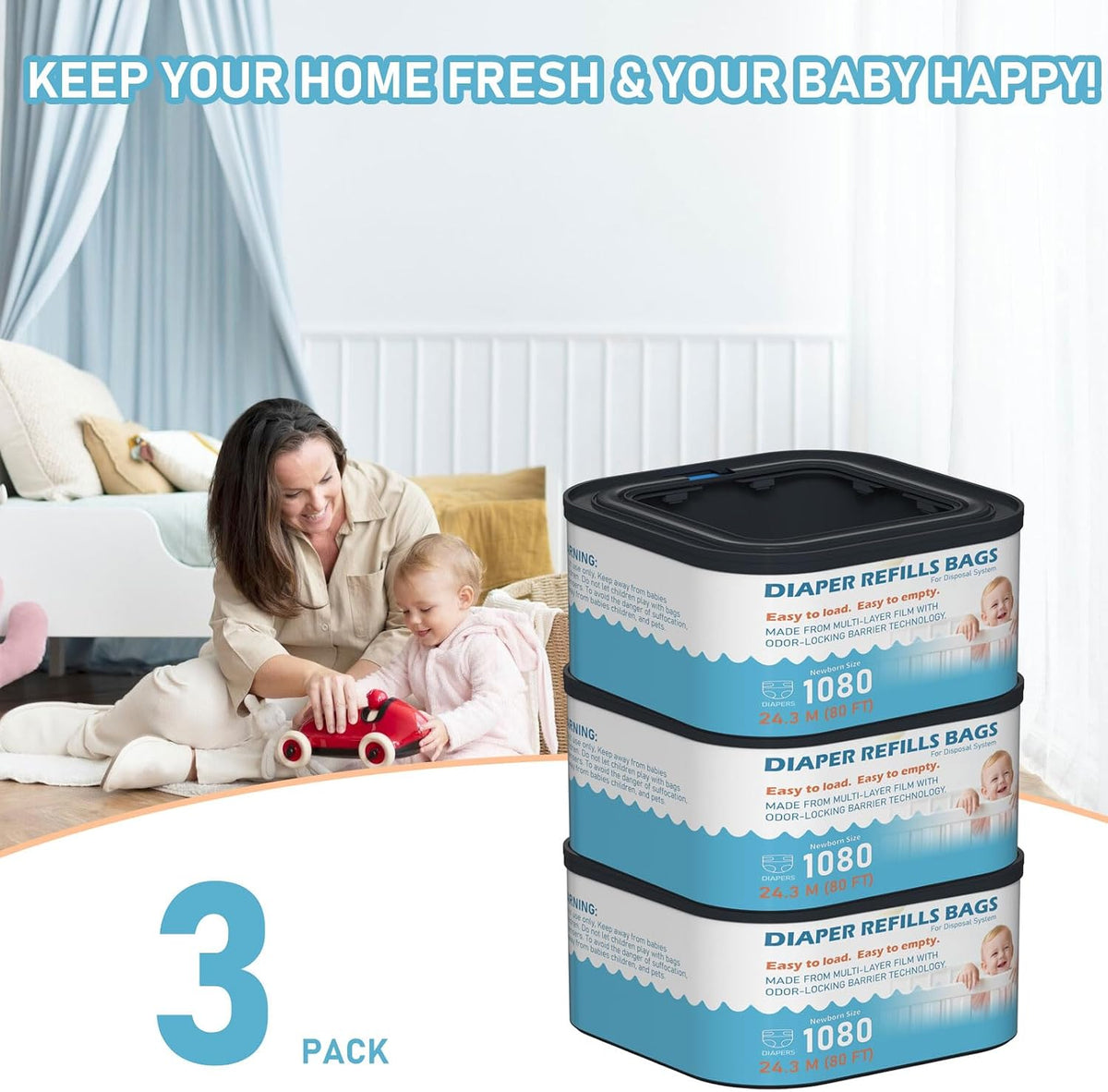 Jumbo+ Square Refills Disposal Bags Refill (Baby Powder Scent) Compatible with Diaper Genie Classic, Compact, Premier and Select Pails, Hold Up to 1080 Newborn-Sized Diapers Per Refill