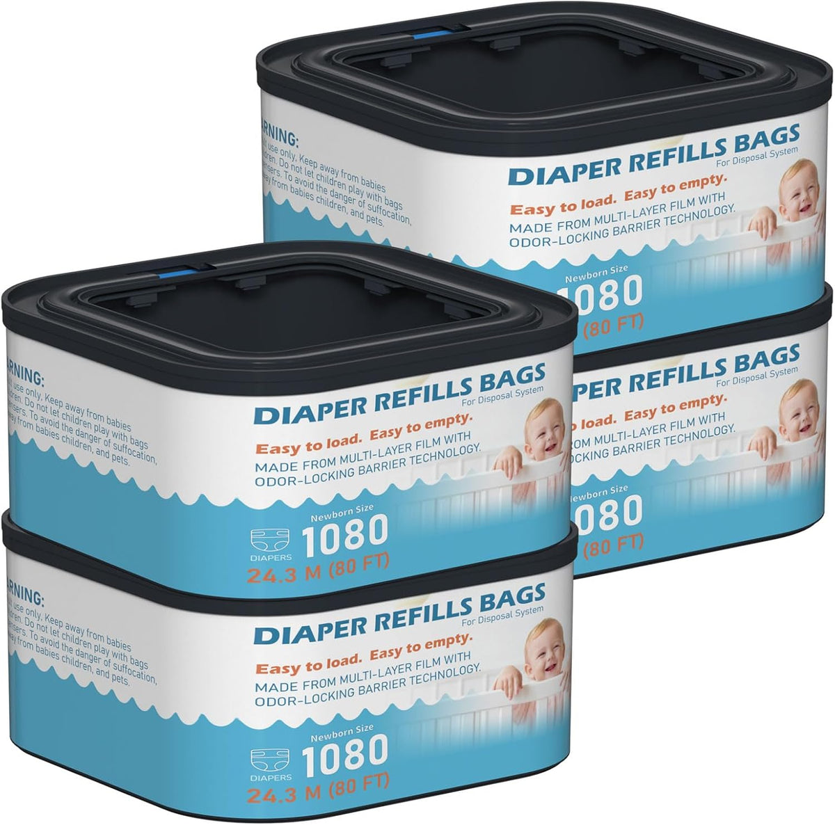 Jumbo+ Square Refills Disposal Bags Refill (Baby Powder Scent) Compatible with Diaper Genie Classic, Compact, Premier and Select Pails, Hold Up to 1080 Newborn-Sized Diapers Per Refill