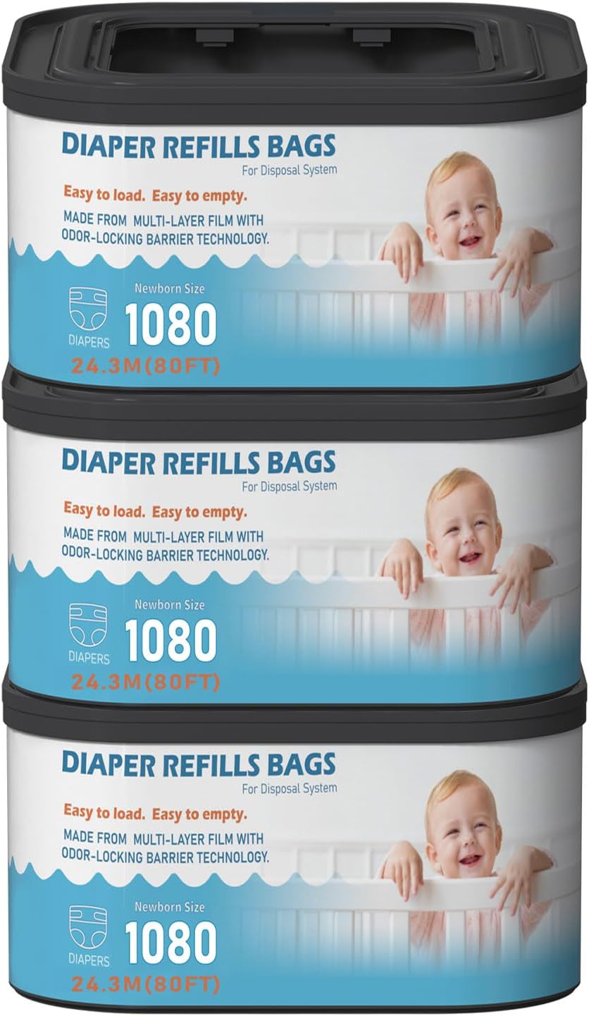 Jumbo+ Square Refills Disposal Bags Refill (Baby Powder Scent) Compatible with Diaper Genie Classic, Compact, Premier and Select Pails, Hold Up to 1080 Newborn-Sized Diapers Per Refill