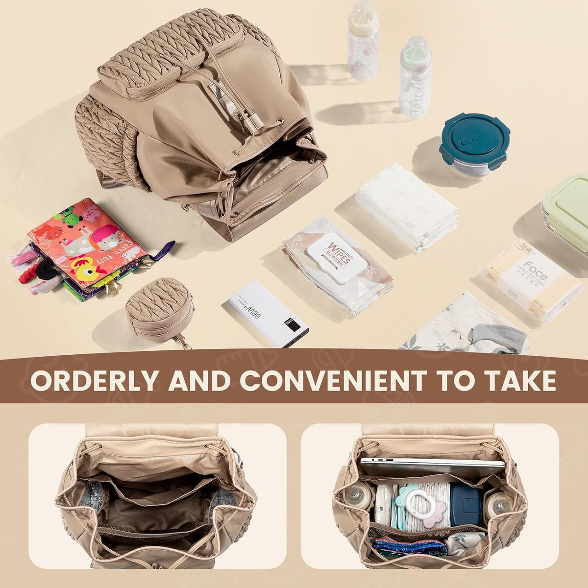 Diaper Bag Backpack, Small Baby Bag, Cute Baby Diaper Bag, Stylish Water-Resistant Travel Baby Bag for Mom, Baby Backpack with Changing Pad, Stroller Straps -Khaki