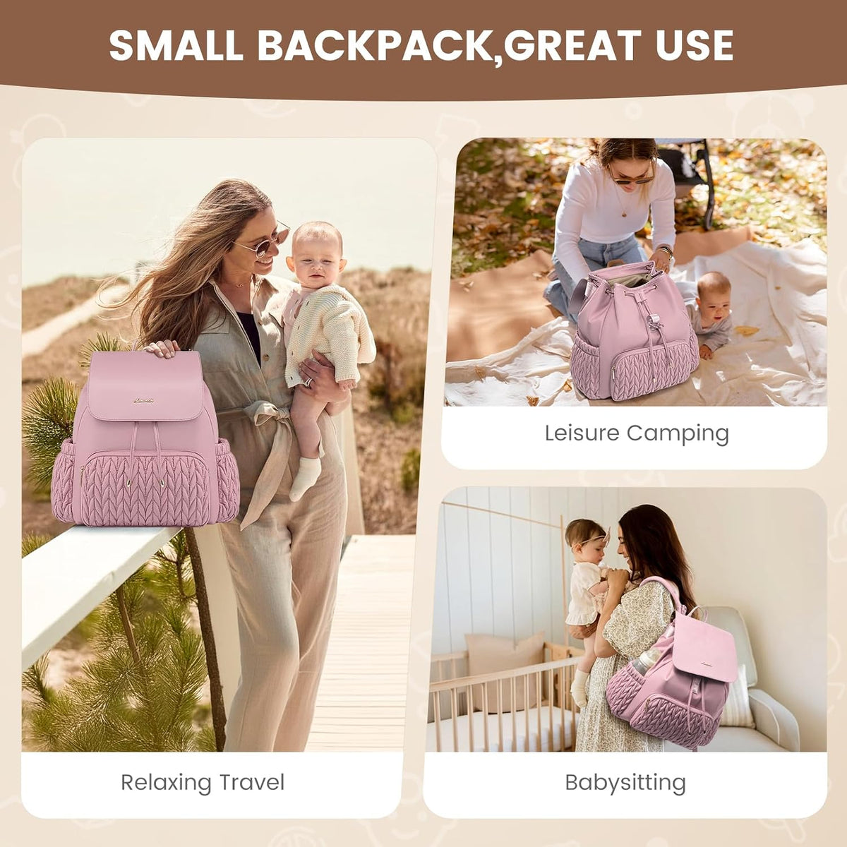 Diaper Bag Backpack, Small Baby Bag, Cute Baby Diaper Bag, Stylish Water-Resistant Travel Baby Bag for Mom, Baby Backpack with Changing Pad, Stroller Straps -Khaki