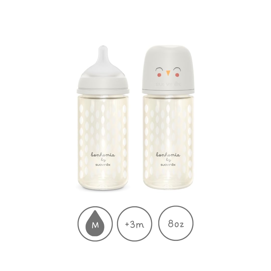 Suavinex Bonhomia Glass Baby Bottle with SX PRO Silicone Nipple, Anti Colic Baby Bottles, Baby Bottles for Breastfed Babies, Medium Flow, 3mo, 8oz, Beige