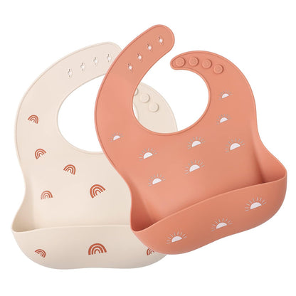 Baby Silicone Bibs 2 Sets Baby Bibs with Food Catcher for Girls Boys Toddlers BPA Free Waterproof Soft Adjustable for Babies-Soft Pink/Pale Mauve