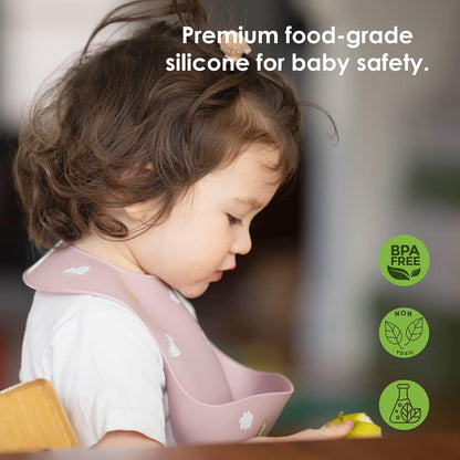 Baby Silicone Bibs 2 Sets Baby Bibs with Food Catcher for Girls Boys Toddlers BPA Free Waterproof Soft Adjustable for Babies-Soft Pink/Pale Mauve