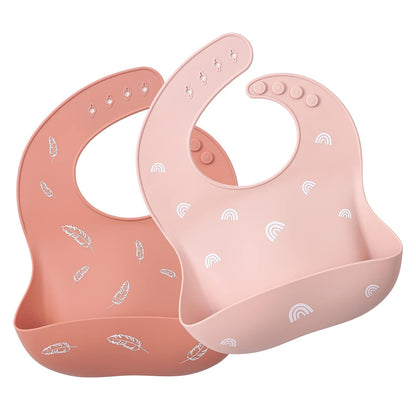 Baby Silicone Bibs 2 Sets Baby Bibs with Food Catcher for Girls Boys Toddlers BPA Free Waterproof Soft Adjustable for Babies-Soft Pink/Pale Mauve