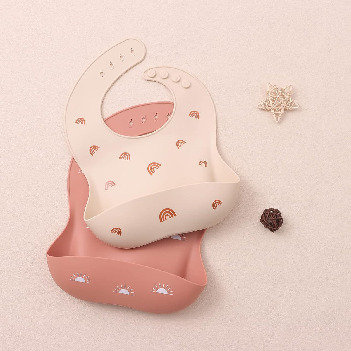 Baby Silicone Bibs 2 Sets Baby Bibs with Food Catcher for Girls Boys Toddlers BPA Free Waterproof Soft Adjustable for Babies-Soft Pink/Pale Mauve
