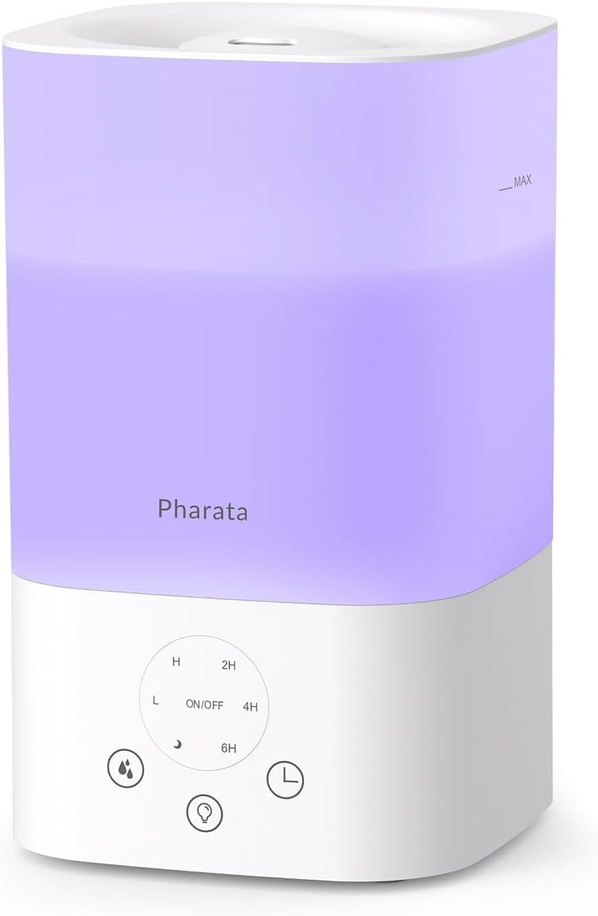 Pharata Humidifiers for Bedroom Home, 3.5L Top Fill Air Cool Mist Humidifiers for Baby Large Room Indoor Plants Nursery, Night Light, White