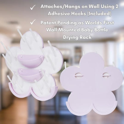 The Bottle Blossom- Wall Mounted Baby Bottle Drying Rack for Bottles, Cups, Sippy Cups, Vertical Wall Hanging, Space Saving, Large Capacity Baby Essential, 2 Adhesive Hooks Included (Light Blue)