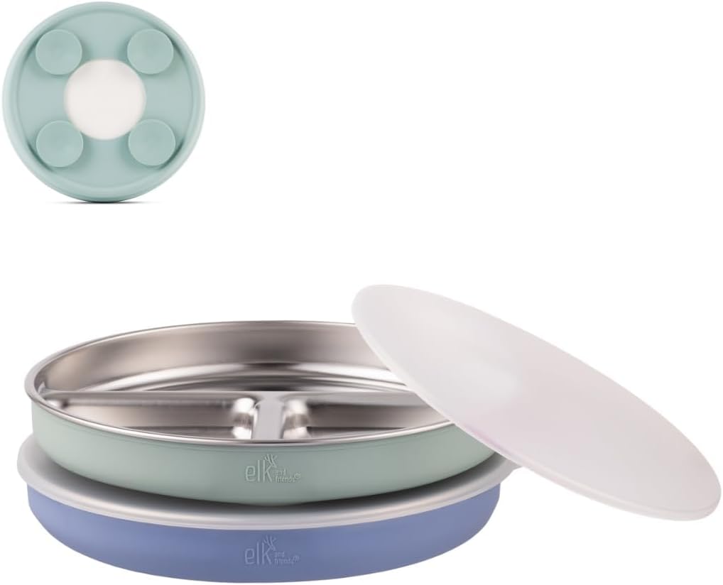 Elk and Friends Stainless Steel Divided Plates with Silicone Sleeve for Babies & Toddlers | Lids Included | Stay Put Suction | Dinner & Snack Plates | 4 Pack