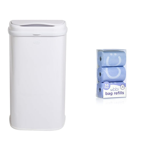 Ubbi Adult Diaper Pail, Stainless Steel Odor Locking, No Special Bag Required & On-The-Go Refill Bags, Lavender Scented, Value Pack of 36, Baby On The Go Diapering Essentials