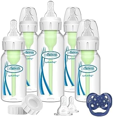 Dr. Brown's Natural Flow Anti-Colic Options+ Narrow Baby Bottle Gift Set with Advantage Pacifier & Bottle Travel Caps, 0m+