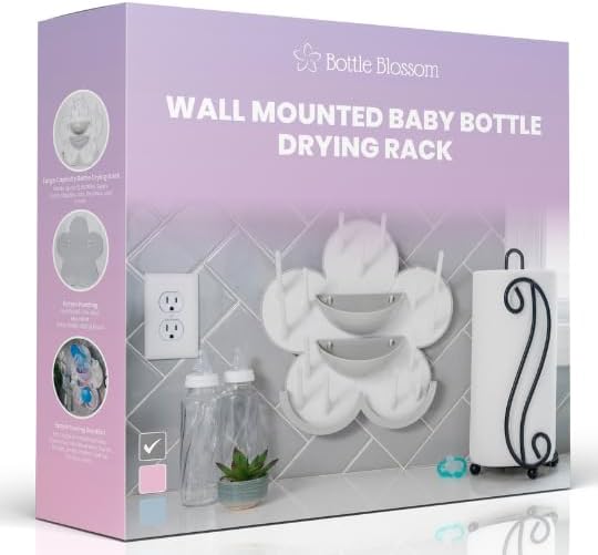 The Bottle Blossom- Wall Mounted Baby Bottle Drying Rack for Bottles, Cups, Sippy Cups, Vertical Wall Hanging, Space Saving, Large Capacity Baby Essential, 2 Adhesive Hooks Included (Light Blue)