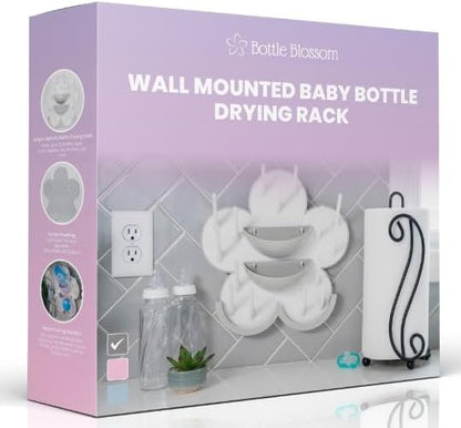 The Bottle Blossom- Wall Mounted Baby Bottle Drying Rack for Bottles, Cups, Sippy Cups, Vertical Wall Hanging, Space Saving, Large Capacity Baby Essential, 2 Adhesive Hooks Included (Light Blue)