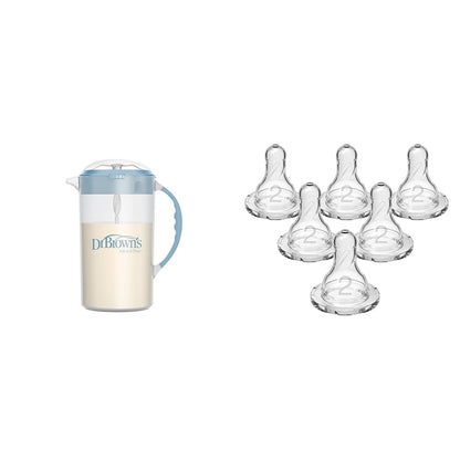 Dr. Brown's Baby Formula Mixing Pitcher with Adjustable Stopper & Dr. Brown’s Natural Flow Level 2 Narrow Baby Bottle Silicone Nipple, Medium Flow, 3m+, 100% Silicone Bottle Nipple, 6 Count