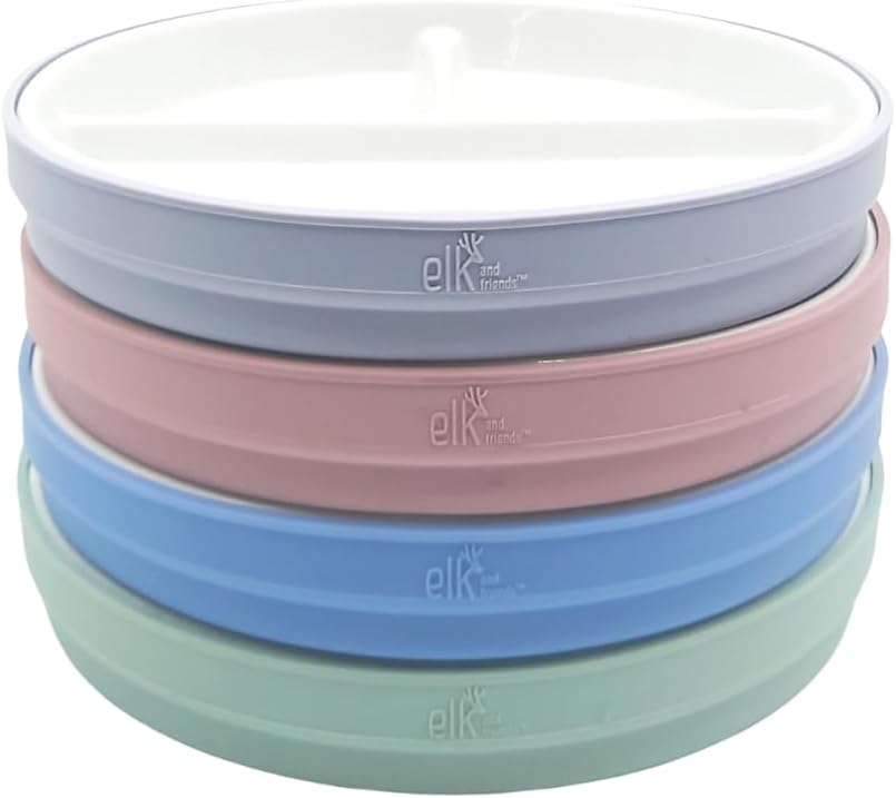 Elk and Friends Kids 7.8” Porcelain Divided Plates with Silicone Sleeves | Suitable for Babies/Kids/Toddlers | Microwave & Dishwasher Safe | Non Slip | Snack Dishes