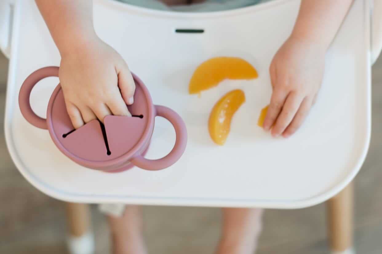 BraveJusticeKidsCo | Snack Attack II Snack Cup | Collapsible Silicone Snack Container | Toddler and Baby Snack Catcher Lid (Honey Ginger)