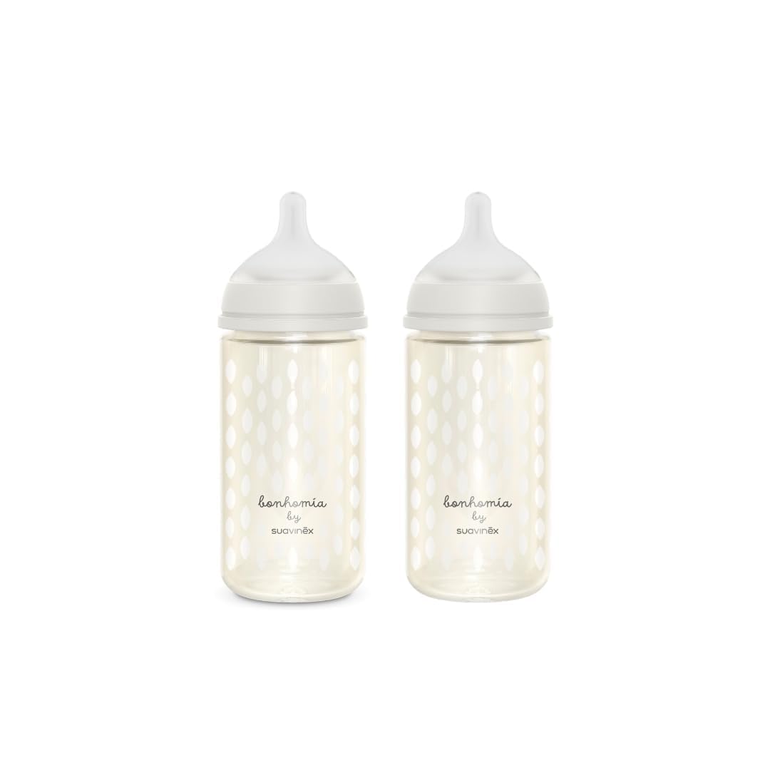 Suavinex Bonhomia Glass Baby Bottle with SX PRO Silicone Nipple, Anti Colic Baby Bottles, Baby Bottles for Breastfed Babies, Medium Flow, 3mo, 8oz, Beige