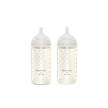 Suavinex Bonhomia Glass Baby Bottle with SX PRO Silicone Nipple, Anti Colic Baby Bottles, Baby Bottles for Breastfed Babies, Medium Flow, 3mo, 8oz, Beige