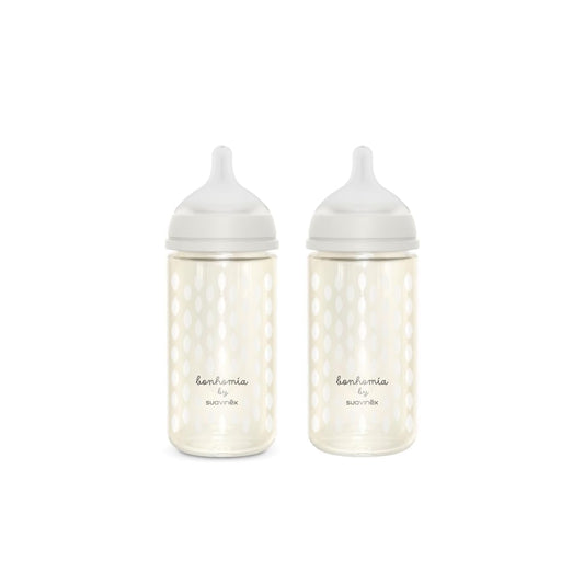 Suavinex Bonhomia Glass Baby Bottle with SX PRO Silicone Nipple, Anti Colic Baby Bottles, Baby Bottles for Breastfed Babies, Medium Flow, 3mo, 8oz, Beige